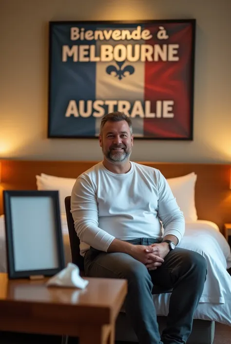 Homme caucasien grand de taille, charmant, un peu costaud, habillé en pantalon et tee-shirt manche longue, assis ou adossé sur une table dans une grande chambre dhôtel, sur la table quil y ait également un papier mouchoir déjà utilisé sur la table et sur l...