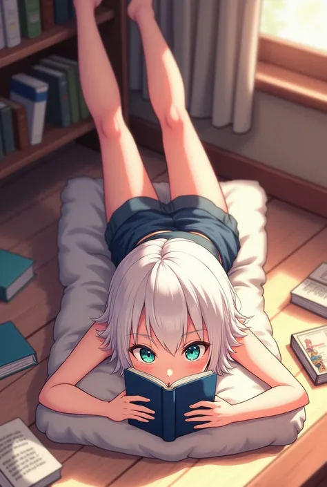 anime style, young adult woman, with one blue eye and one green eye, short white hair.
The woman is lying face up on the floor, with the head resting on a pillow.
Her legs are raised and resting on the wall., creating a right angle with your body.
He is ho...