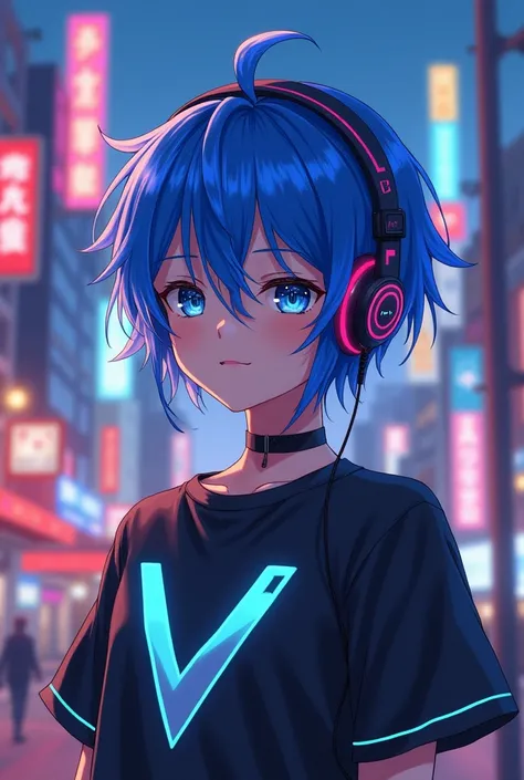 Handsome boy anime add headphone and blue hair shining add v locket add designed v t-shirt