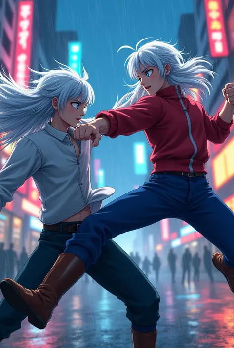 A long white-haired blue-eyed anime girl beats up an 18-year-old white-haired blue-eyed anime boy.