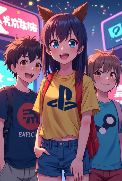 Une fille le logo PlayStation. Im with a boy who wears the Xbox logo, a girl who wears the Nintendo logo, and a boy friend who wears the Steam logo, manga version.