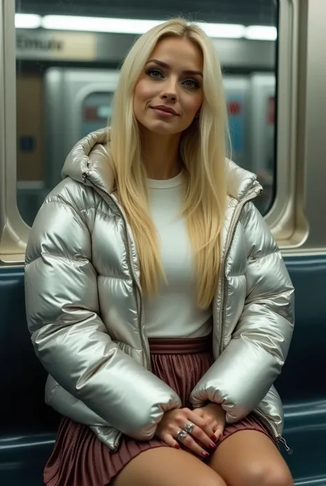 blonde women, straight long blonde hair, waiting in metro station sitting on bench, wearing pleated mini skirt, wearing a shiny silver puffer jacket, down jacket, white tight fitting t-shirt underneath jacket, big breasts, worms eye view