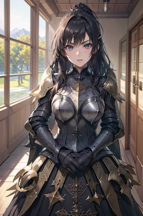 A beautiful girl in armor standing on a path near a lake, hxarmour, 1 girl, armour, (black armour:1.3), mountain, walking, big rounds breasts, intimidating look, glossy lips, dark brown hair, long bangs, long hair, ponytail, wavy hair, expressive hair, shi...