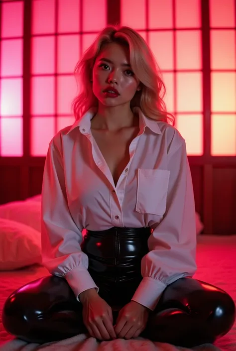 ((Japanese sexy idol))　20 years old　((Plump, bright red lips with lipstick))　round face　Heavy makeup　Big Breasts　Plump　Blonde　((Looking into the camera))　Sit with your legs apart　((White button-up shirt with black patent leather tight skirt and black stock...