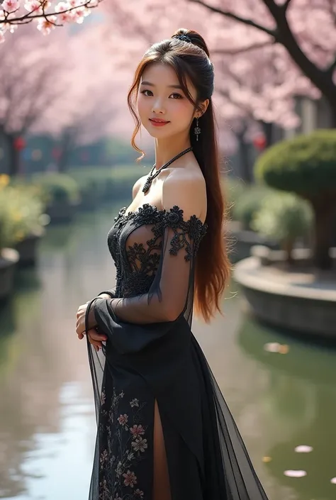 Can you talk a girl who is the wearing a Chinese traditional dress and her dress was beautiful silky and shiny dress with colour is back and white and jewellery who is this Chinese traditional jewellery the colour of jewellery colour 
also black and say ha...