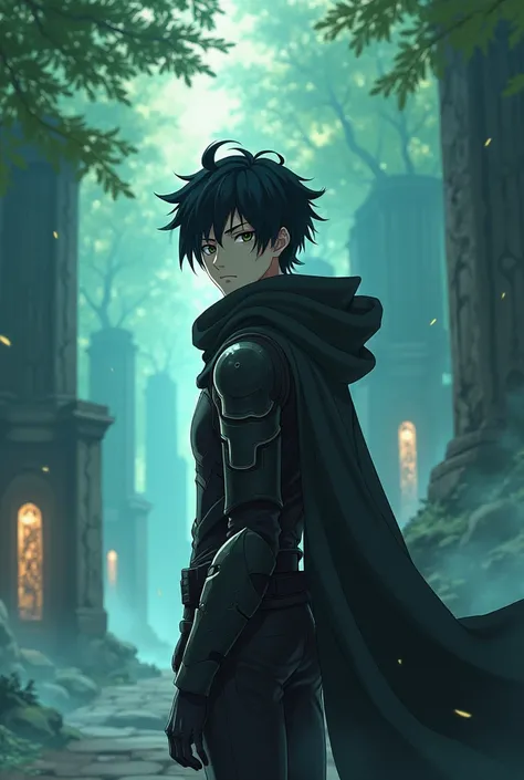 Draw a man like Kirito wearing a tattered hood that hides his eyes. Make him lightly equipped, handsome, young, and thinner. Make him look more like an anime character with the hood hiding his eyes. Draw him as Kirito from Sword Art Online.