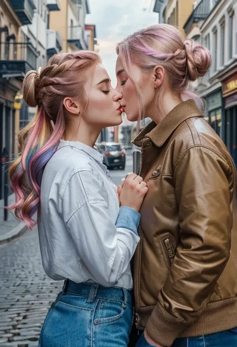 (Highest quality、4K、8k、High resolution、masterpiece:1.2)、Very detailed、(Genuine、Realistic、Realistic:1.3)、Two Nordic women、Stylish lighting、Kissing on a street corner、(hairstyle:random)、(haircolor:random)