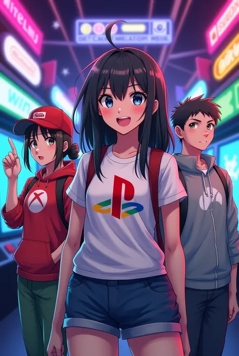 Une fille le logo PlayStation. Im with a boy who wears the Xbox logo, a girl who wears the Nintendo logo, and a boy friend who wears the Steam logo, manga version.