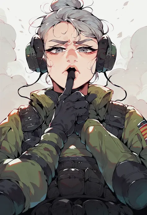  low angle pov, shushing gesture, stradling the viewer position, finger on mouth, asian older woman Special Ops in black tactical stealth suit, slight wrinkles. headphones, serious expression, one messy bun with grey hair, grey eyes, empty dark millitary b...