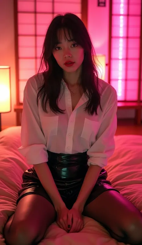 ((Japanese sexy idol))　20 years old　((Plump, bright red lips with lipstick))　round face　Heavy makeup　Big Breasts　Plump　Blonde　((Looking into the camera))　Sit with your legs apart　((White button-up shirt with black patent leather tight skirt and black stock...