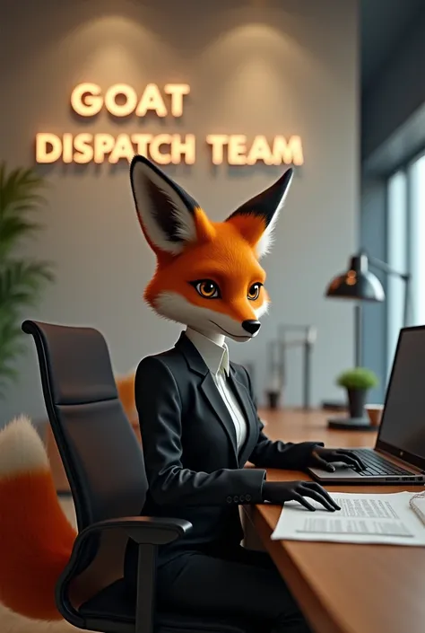 Serious fox girl with suit sitting in the office under the letter of "GOAT DISPATCH TEAM"
