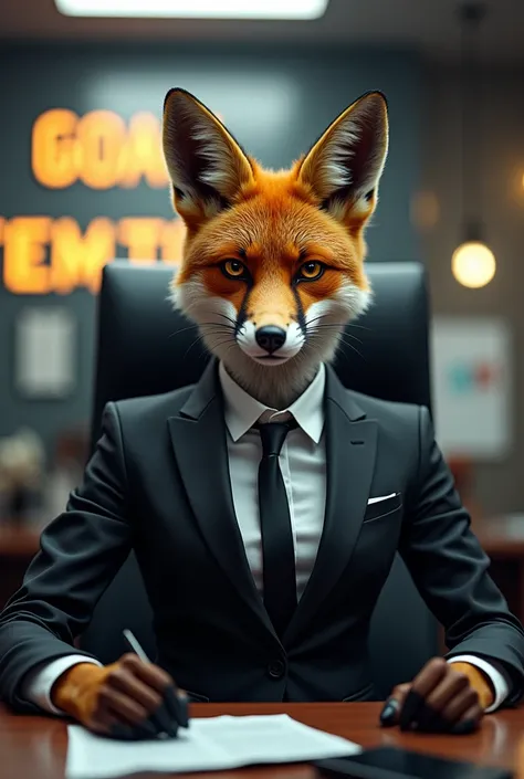 Serious fox girl with suit sitting on chair in the office under the letter of "GOAT DISPATCH TEAM"
