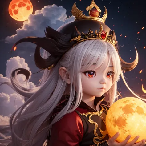 Itadakimasu,cute,Rahu Omchan,Black body wearing a Thai-style golden crown,Long white hair flowing behind,Holding a red moon with red light shining on the clouds,ตัวราหูcute,Rahu child,agent mix anime,, big head,Model art toy, Realistic,3d