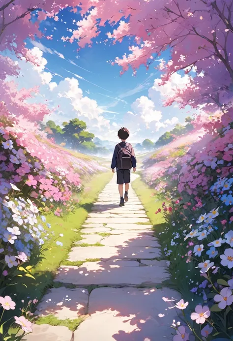 a boy is walking in the path and the sides of the path is full of small flowers and the sky is pink and purple 