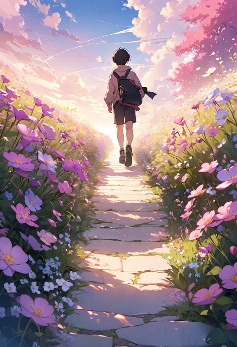 a boy is walking in the path and the sides of the path is full of small flowers and the sky is pink and purple 