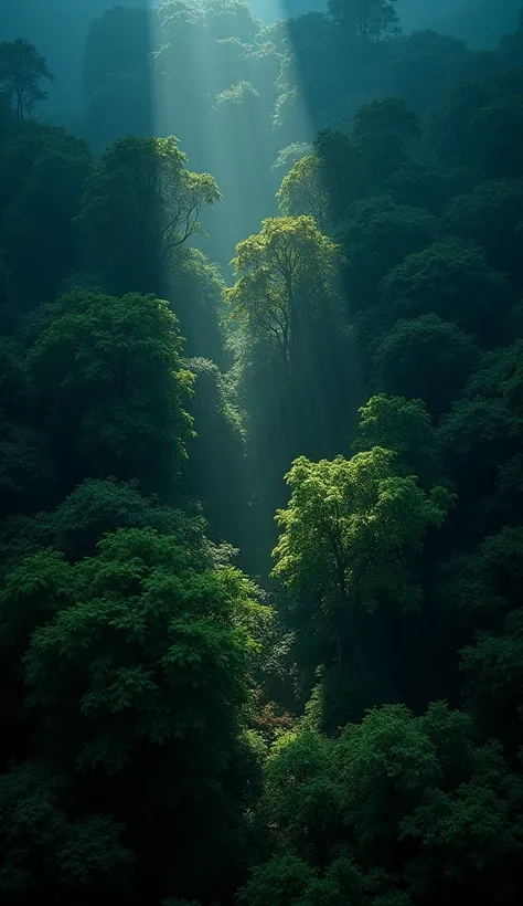 An overhead view of a dense jungle at night, captured from directly above as if by a drone. The view shows the tops of the trees in deep darkness, with occasional shafts of moonlight breaking through the foliage. The dense canopy forms an almost impenetrab...