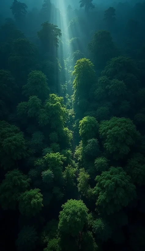 An overhead view of a dense jungle at night, captured from directly above as if by a drone. The view shows the tops of the trees in deep darkness, with occasional shafts of moonlight breaking through the foliage. The dense canopy forms an almost impenetrab...