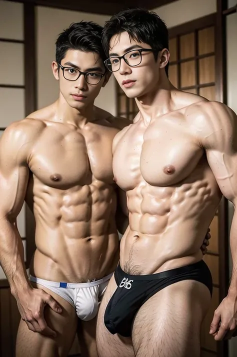 a couple of two stylish glasses boys, two boys skinships of love, stylish glasses gays, tight thongs with huge bulges, artistic glasses slendermusclemen, big bulges, male focus, muscular, abs, pecs, navels, feet, gays sexy skinships, sweaty, gays love rela...