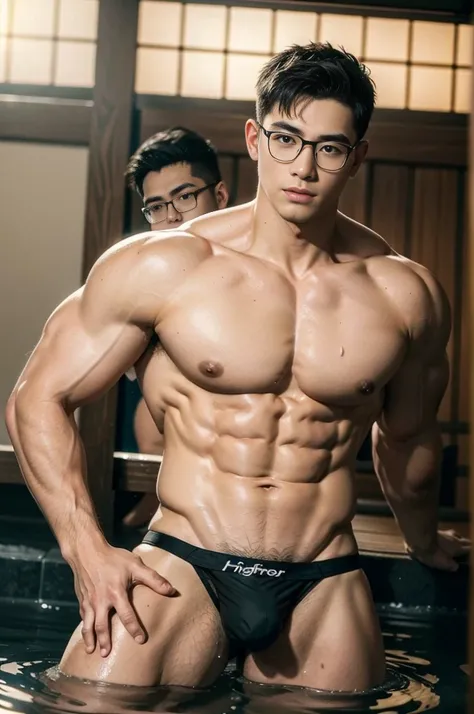 a couple of two stylish glasses boys, two boys skinships of love, stylish glasses gays, tight thongs with huge bulges, artistic glasses slendermusclemen, big bulges, male focus, muscular, abs, pecs, navels, feet, gays sexy skinships, sweaty, gays love rela...