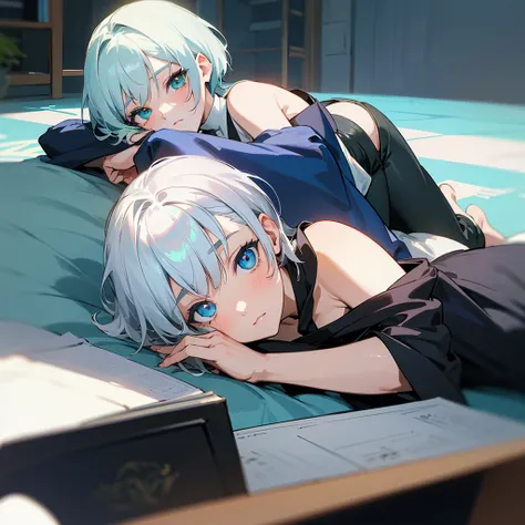 anime style, young adult woman, with one blue eye and one green eye, short white hair.
The woman is lying on her back on the floor. , with the head resting on a pillow.
Her legs are raised and resting on the wall., creating a right angle with your body.
He...