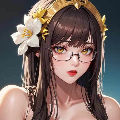 (masterpiece),(highest quality:1.0), (Ultra-high resolution:1.0), Detail view, 8k, anime, One girl, beautiful anime girl, Wearing a yellow dress, Flower Crown, Pretty face, Detailed face, Beautiful Eyes, Fine grain, Dark yellow eyes, Bright red lips, Red l...