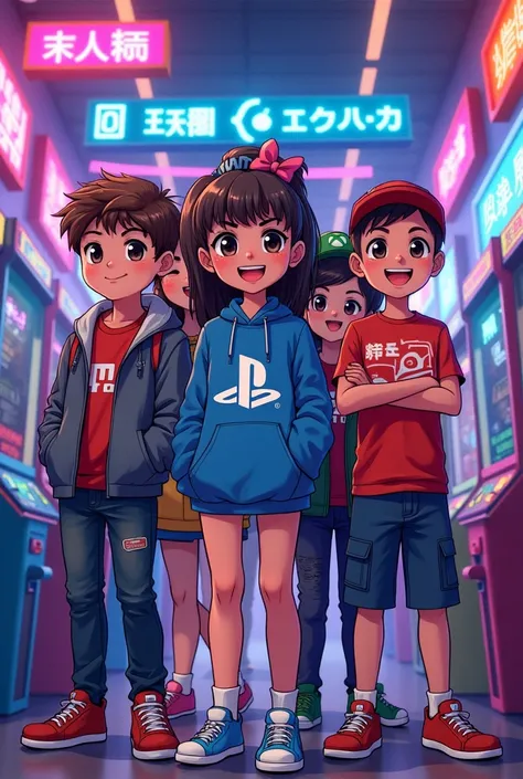 Une fille le logo PlayStation. Im with a boy who wears the Xbox logo, a girl who wears the Nintendo logo, and a boy friend who wears the Steam logo, manga version.