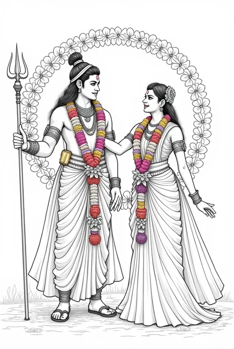 Line art image. Lord murugan son of shiva and valli wedding image.  Muruga havin Vel. Valli havin garlands to muruga