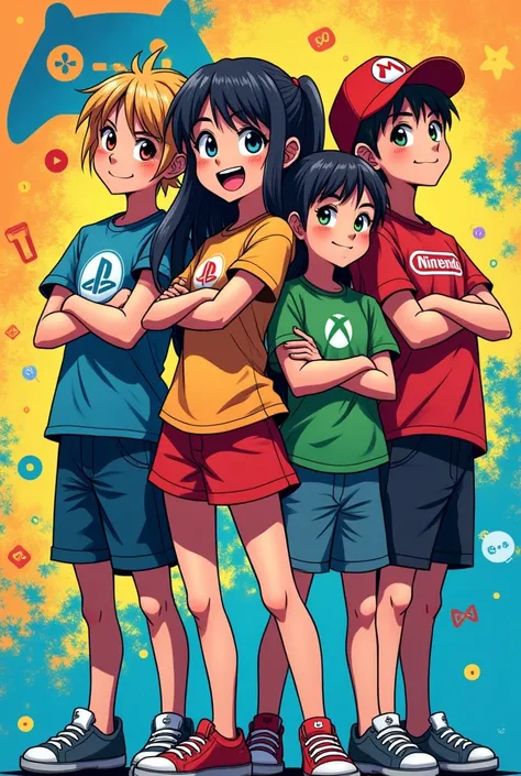 Une fille le logo PlayStation. Im with a boy who wears the Xbox logo, a girl who wears the Nintendo logo, and a boy friend who wears the Steam logo, manga version.