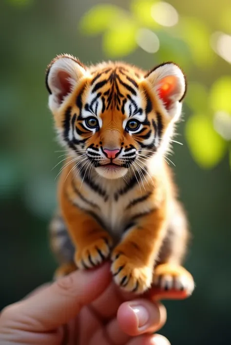 There is a small tiger cub sitting in a persons hand, a small tiger cub, a small animal, sitting on a finger, cute and cute, cute and cute, cute kitty, cute tiger cub, the photo is very realistic, small  Very, beautiful tiger photo, just a neat little thin...