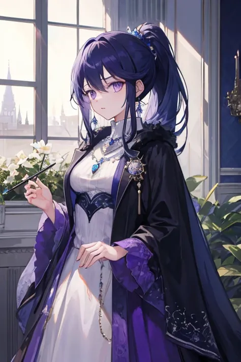 (High quality),(masterpiece),(Beautiful),1 Girl, solo, beautiful,long dark blue hair, ponytail, amethyst eyes, high neck royal dress ,collared cape,amethyst crystal necklace, cold gaze, mysterious, royal castle, crystal castle, crystal palace