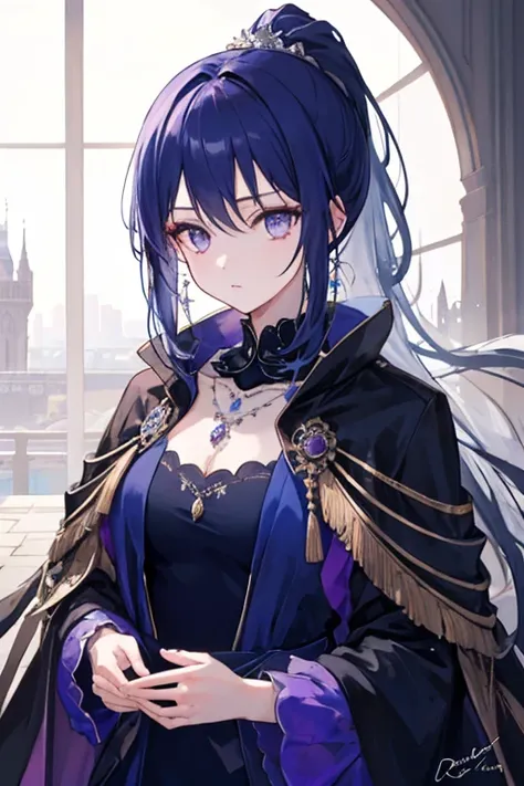 (High quality),(masterpiece),(Beautiful),1 Girl, solo, beautiful,long navy blue hair, ponytail, amethyst eyes, high neck royal dress ,collared cape,amethyst crystal necklace, cold gaze, mysterious, royal castle, crystal castle, crystal palace