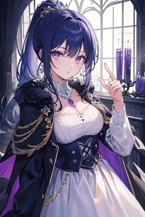 (High quality),(masterpiece),(Beautiful),1 Girl, solo, beautiful,long navy blue hair, ponytail, amethyst eyes, high neck royal dress ,collared cape,amethyst crystal necklace, cold gaze, mysterious, royal castle, crystal castle, crystal palace