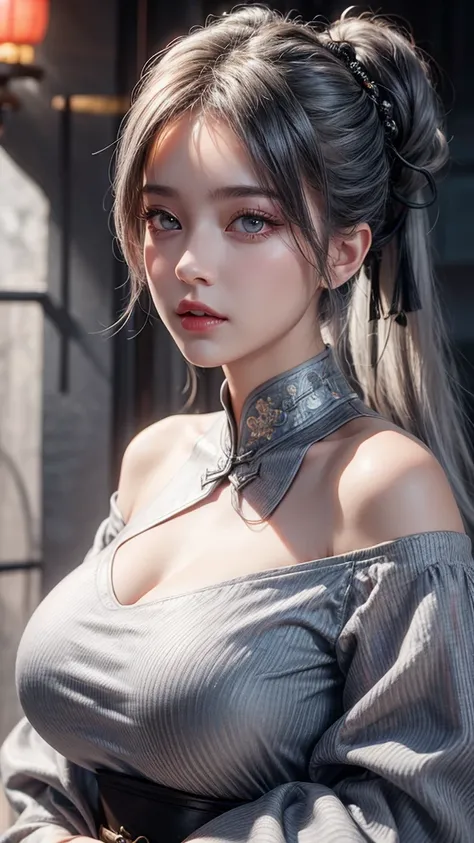 best quality, masterpiece, ultra high res, (photorealistic:1.4), 1girl, off-shoulder shirt, ((traditional chinese dress:1)), black choker, (faded ash gray hair:1), (huge breasts:1.2), looking at viewer, closeup,