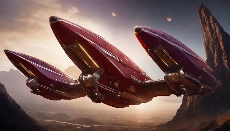 A starship of Royalpunk style,very intricate red details, aesthetic.The ship is adorned + purple royalistic ambiance, gears, levers, exact patterns, contrasting + its metallic gold body.Background has stars, ships, & gigantic Earth-type planet.750k UHD 4D....