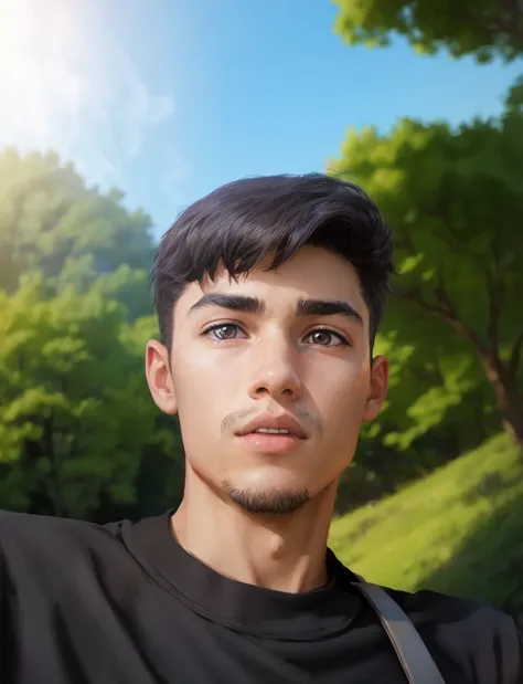 teenage boy facing forward, black t-shirt, black hair, with bag strap on black clothes outdoor background