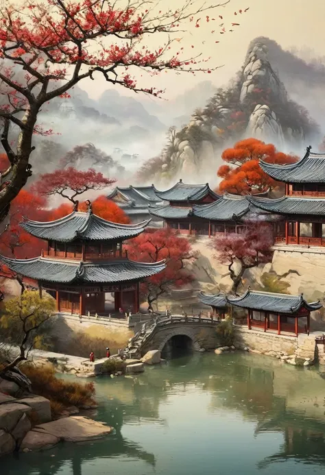 , plum bossom, Flying snow，Mingyuechuns,  landscape details — Width 672,  Enhance Details., 32K ，Ultra HD，Classic Attic，Chinese style，中Chinese style，antiquity，No Characters，Pure landscape painting