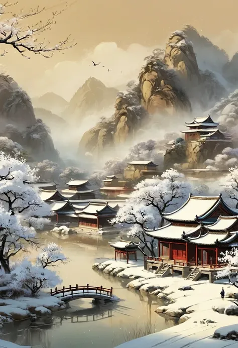 , plum bossom, Flying snow，Mingyuechuns,  landscape details — Width 672,  Enhance Details., 32K ，Ultra HD，Classic Attic，Chinese style，中Chinese style，antiquity，No Characters，Pure landscape painting