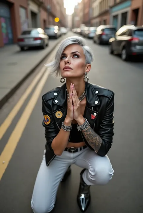 russian old milf woman, grey hair (quiff shaved sides), with very light blue eyes, extremely pale. Wearing cropped black moto jacket (badges on lapels), tank top with rock logo, skinny leather jeans and silver pointy Chelsea boots with cuban heels . Lots o...