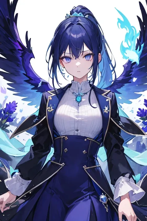 (High quality),(masterpiece),(Beautiful),1 Girl, solo, beautiful,long navy blue hair, ponytail, lavender eyes, high neck shirt,collared full sleeves jacket,amethyst crystal locket, cold gaze, mysterious, blue phoenix in background, soft blue flames, blue f...