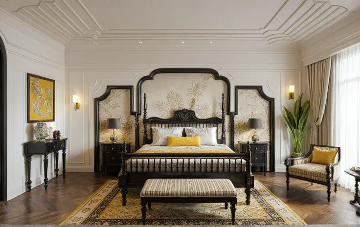 indochine bedroom, antique tiled floor, black wood moldings, wooden bed, armchair, striped fabric, dark and transparent curtains...