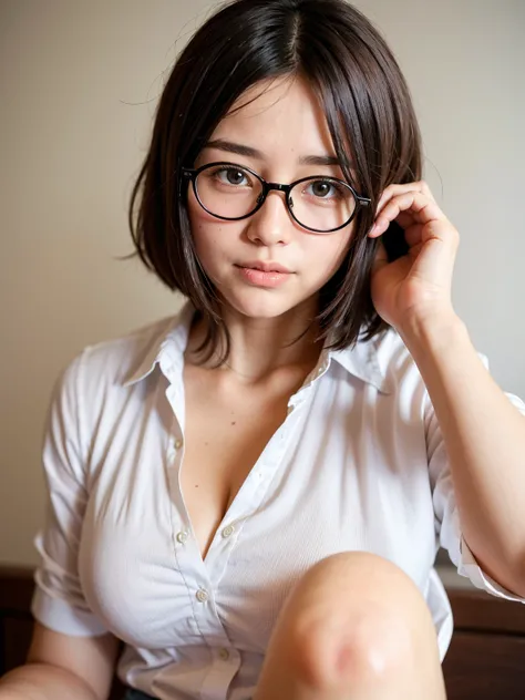 Top Quality, A beautiful, short-haired woman with an intelligent and sophisticated look, laugh, wearing stylish eyeglasses that accentuate her sharp, inquisitive eyes. Her hair is neatly styled in a modern, short cut that complements her facial features, g...