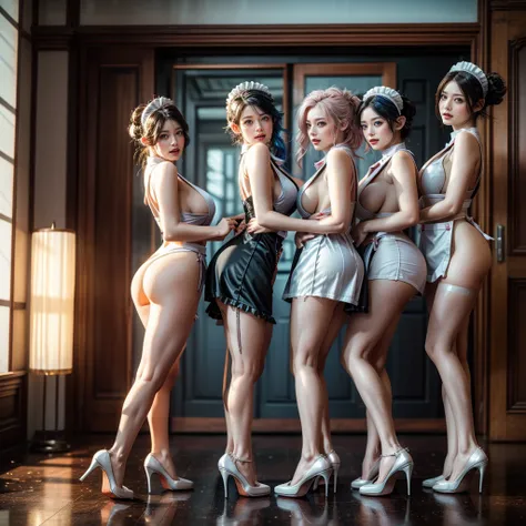 (Full Body of Extremely Detailed((Sexy Maid Group in a row:1.37))), KAWAII perfect face, Reflective Eyes, Detailed(Delicate Clothing textures), Correct Bewitching Leg Line, Dynamic Joyful Expressions LifeLike Rendering, Specular Reflection, TopQuality 8K U...