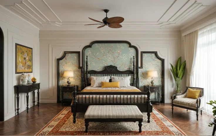 indochine bedroom, antique tiled floor, black wood moldings, wooden bed, armchair, striped fabric, dark and transparent curtains...