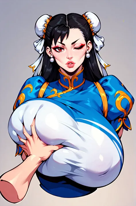 score_9, score_8_up, score_7_up, score_6_up, score_5_up, score_4_up, solo, Chun-Li from street fighter, ((thicc mature mom)), black hair, big thick full lips, ((pouted lips)), ((kissy lips)), one eye closed, squinting eye, ((full body)), ((NSFW)), sexy, se...