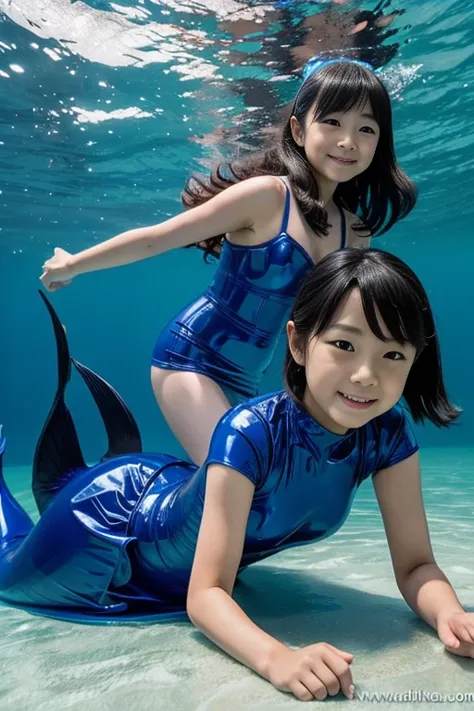 Live Action　Two researchers from a Japanese kindergarten　Wearing a blue rubber dress　Mermaid.　latex　Blue face