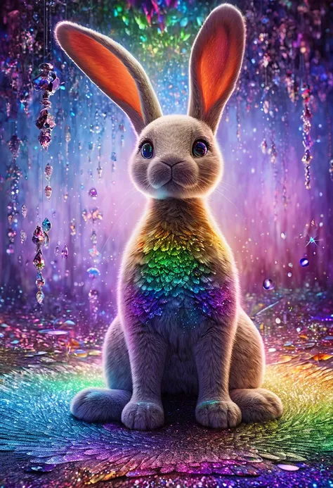 stuffed rabbit, fantasy world, glitter effects, conceptual installation art, (ultra detailed, absolutely resolution, best quality:1.3), 2.5D, delicate and dynamic, iridescent effects, artistic, hyper, graphic CG digital art