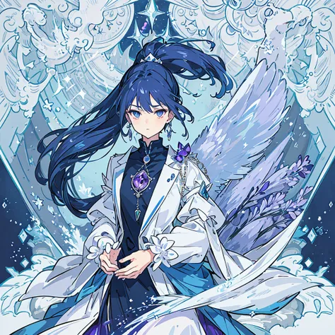 (High quality),(masterpiece),(Beautiful),1 Girl, solo, beautiful,long navy blue hair, ponytail, lavender eyes, high neck shirt,collared full sleeves jacket,amethyst crystal locket, cold gaze, mysterious, blue phoenix in background, soft blue flames, blue f...