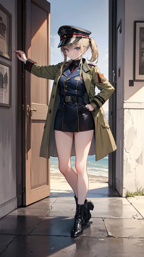 ((True best masterpiece, Ultimately perfect quality, Extremely delicate details)), ((Modern army, World War I, Great War)), A soldier girl, Wearing military uniform, Wearing trench coat, Wearing military cap