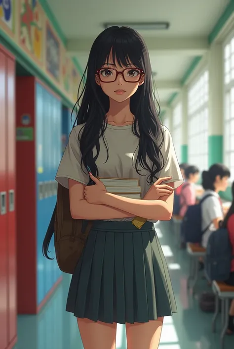 A serious-looking junior high school girl with long black hair and glasses。Short。The glasses are square frames, not round ones.