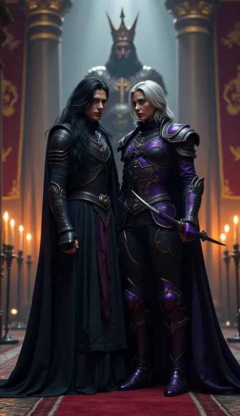 Before the ball, Vortex and Raven stand before the King. Vortex, a tall warrior with long black hair, is clad in gothic black armor that shines ominously. A black sword is at his hip and his piercing gaze reflects the gravity of the mission. Raven, an elve...